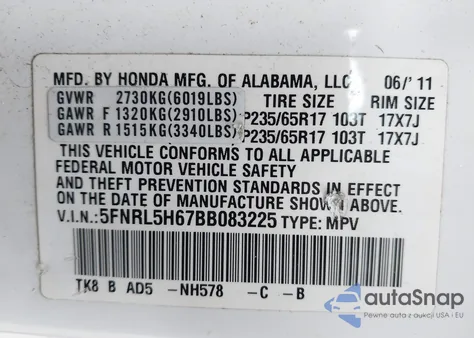 2011 Honda Odyssey Ex-L z USA, uszkodzony, nr VIN 5FNRL5H67BB083225